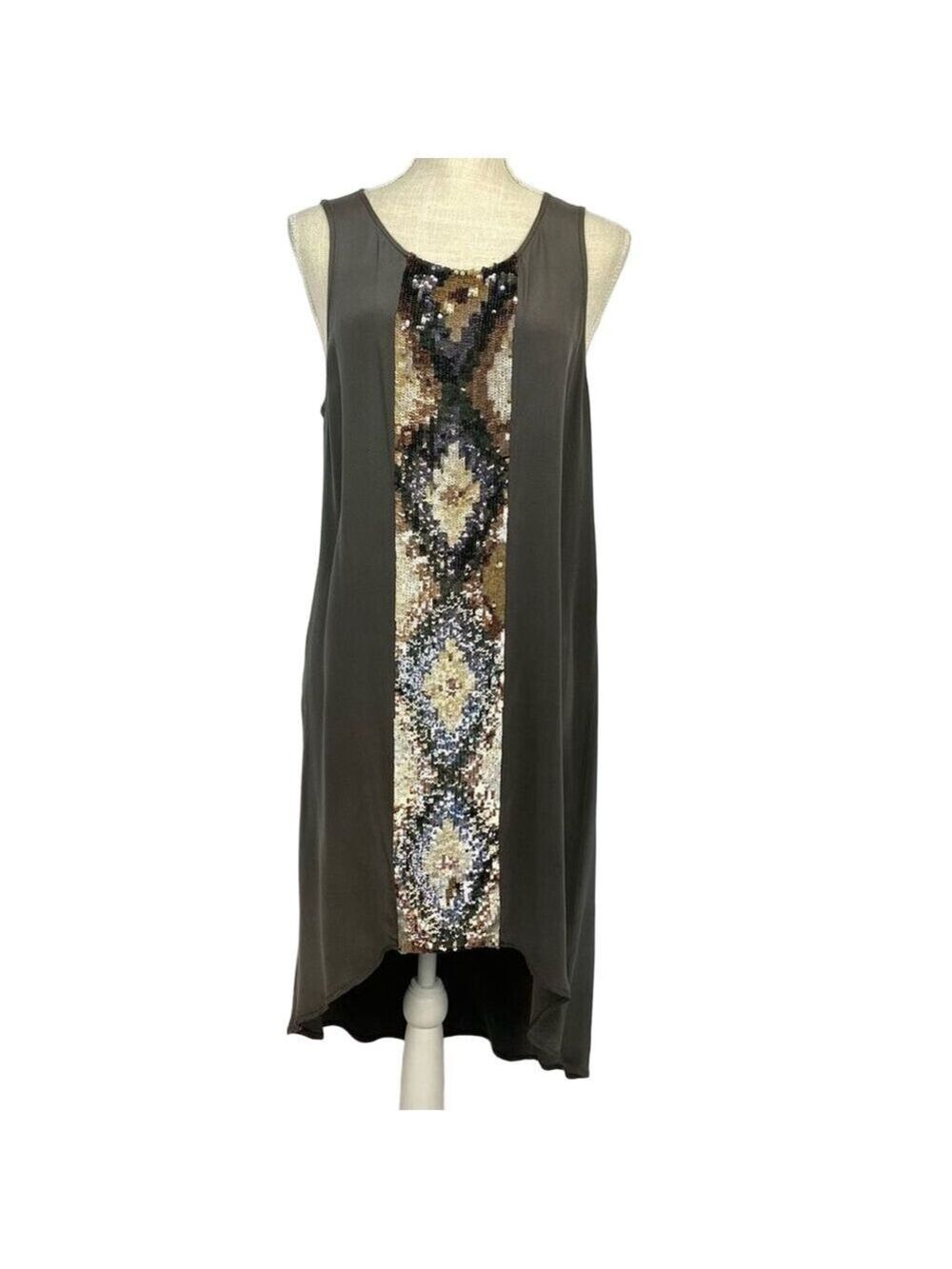 Haute Hippie 100% Silk Grey Embellished Silk Dress Hi-Lo Women’s Large